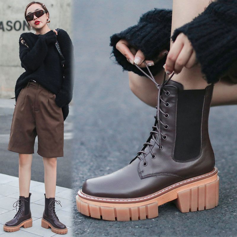 Round Toe High Heeled Leather Platform Retro Martin Ankle Boots LadyShow.Store