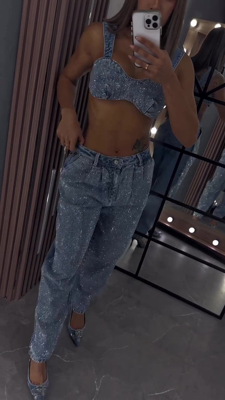 Elegant Glittery Denim Crop Top And Pants Ensemble NorixaFashion.com