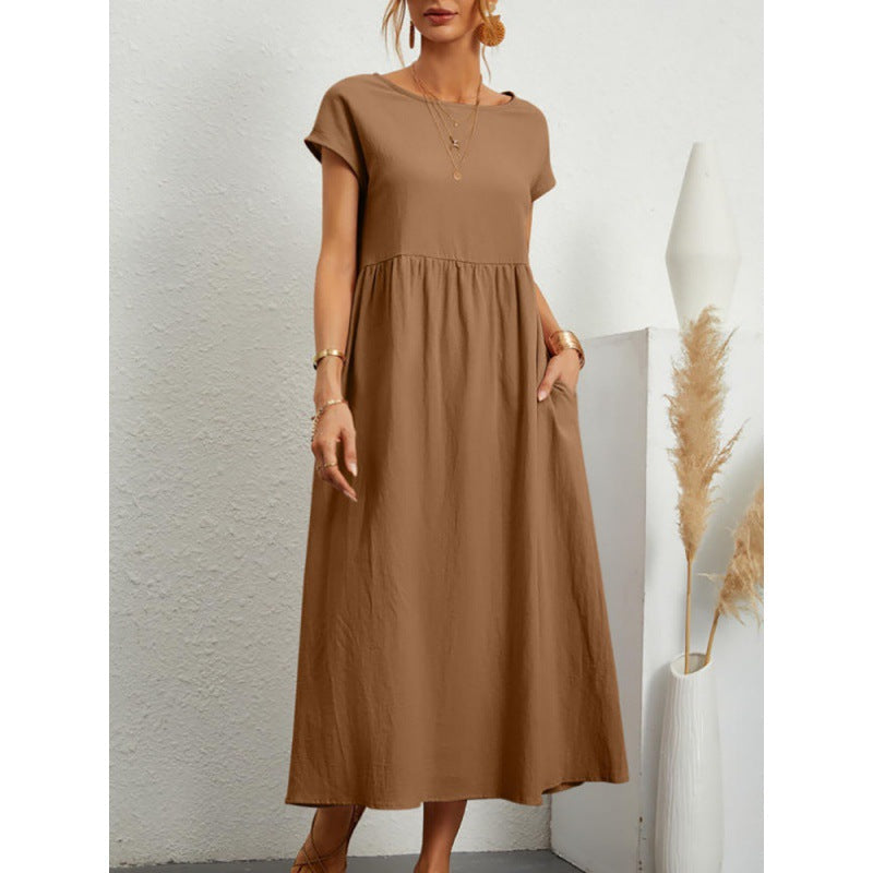 2026 New European And American Women's Round Neck Solid Color Pullover Comfortable Casual Dress NorixaFashion.com