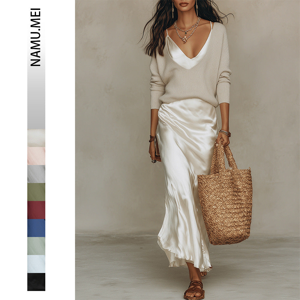 Womens Solid-Color V-Neck Knitted Sweater And Satin Dress Set NorixaFashion.com