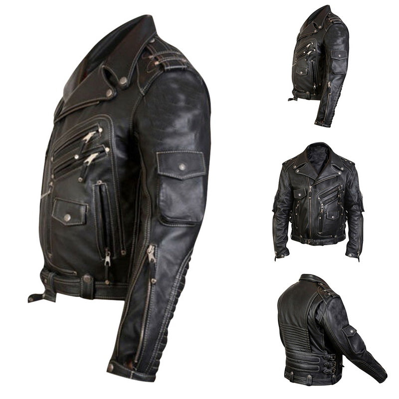 Men's Leather Jacket with Zipper and Multi-Pockets Pi-Mart