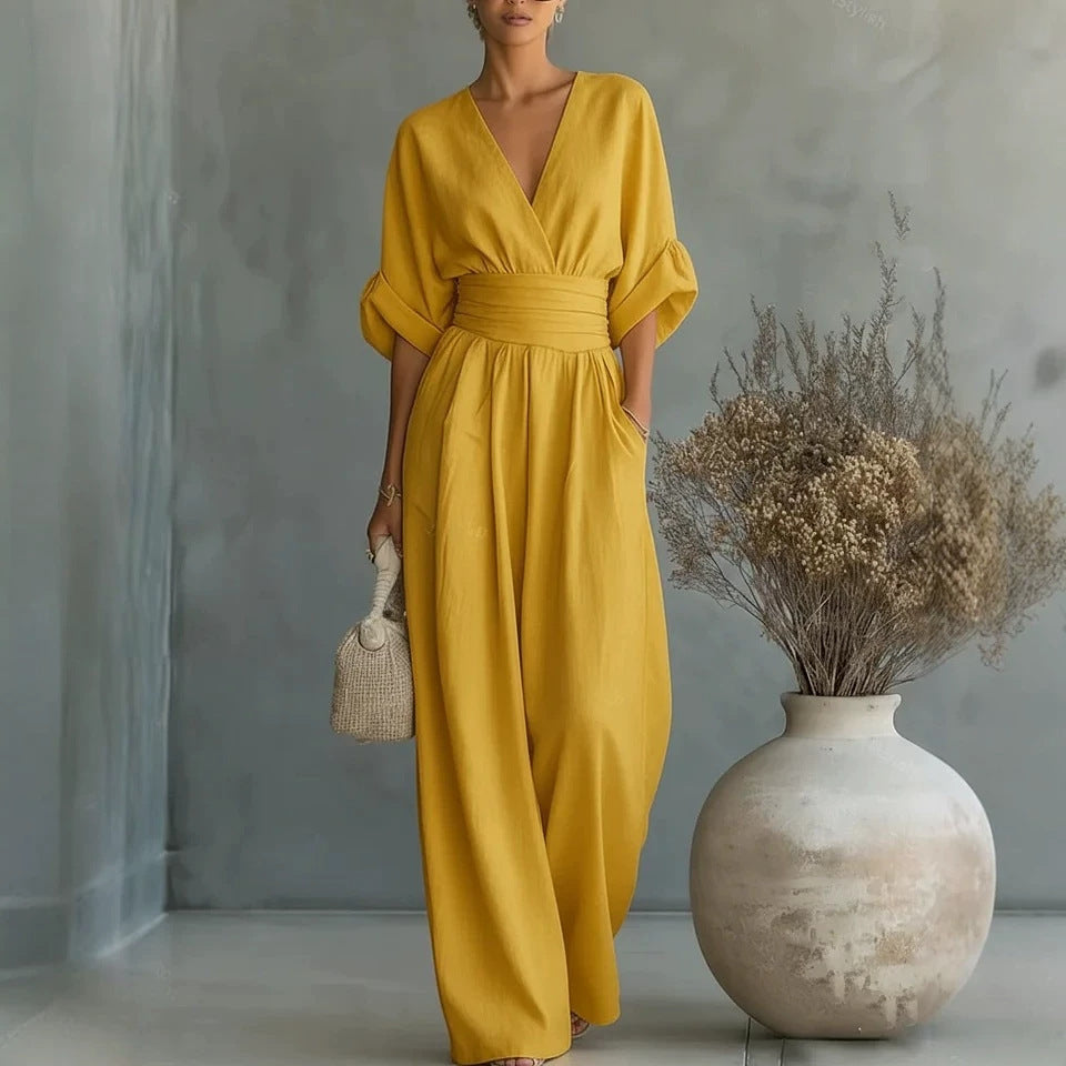 Summer Short-sleeved Jumpsuit Fashion Casual V-Neck Wide-Leg Pants Womens Clothing LadyShow.Store
