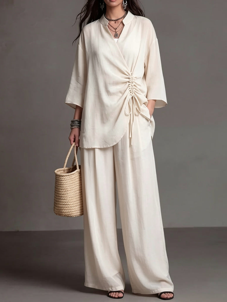 Stand-collar Top With Drawstring Waist High-waisted Slimming Wide-leg Pants Casual Set NorixaFashion.com