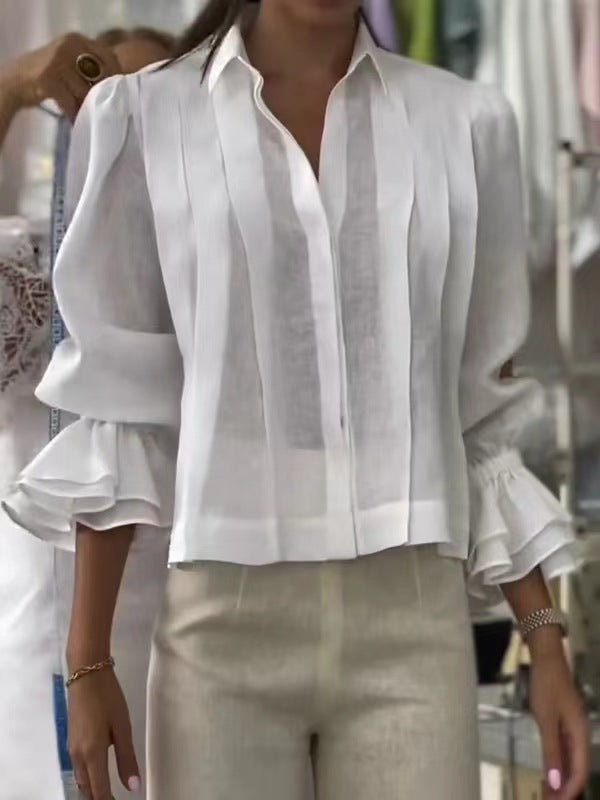 Pleated Solid Color Stitching Short Sleeve Shirt NorixaFashion.com