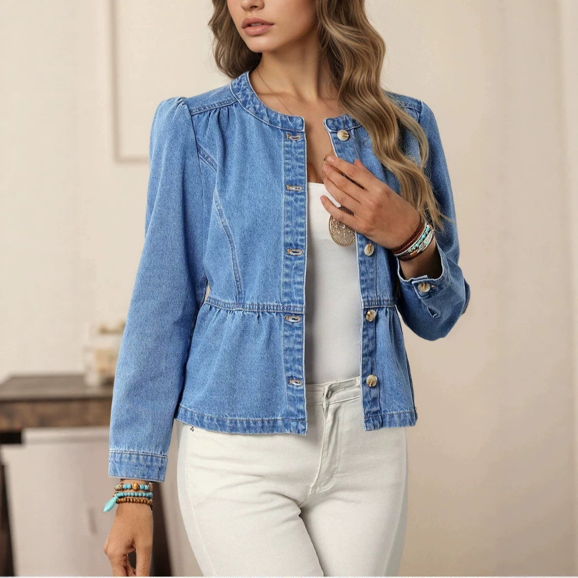 Cross-Border Denim Jacket For Women, Short Style, 2026 Spring And Autumn New Popular Model, European And American Casual Versatile Round Neck Puff Sleeves NorixaFashion.com