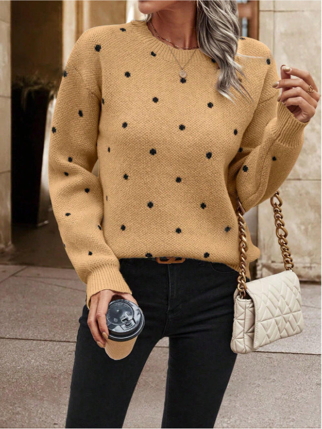 Ins Polka Dot Print Pullover Sweater Fashion Casual Long-sleeved Jacquard Knitted Top Winter Round Neck Clothing For Women Best YouTube Store