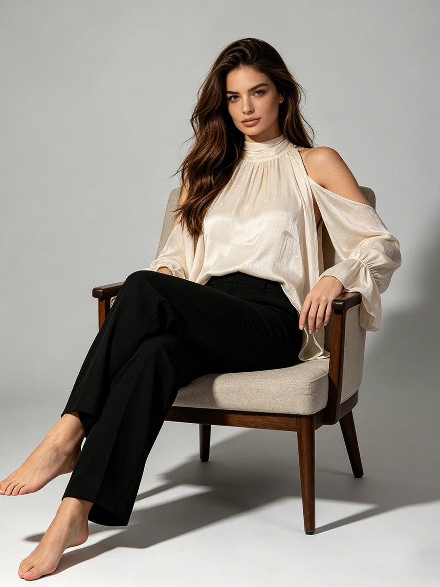 Cream Cold-Shoulder Halter Blouse NorixaFashion.com