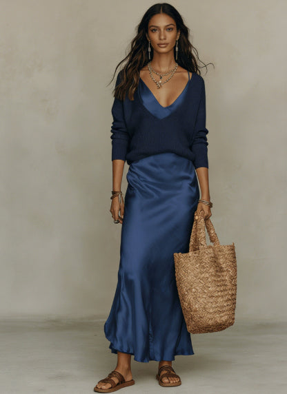 Women's Chic Satin Maxi Dress 2 Pieces Sets Sexy Straps Sleeveless Long Sleeve Top Evening Dresses Elegant New Party Street Gown NorixaFashion.com