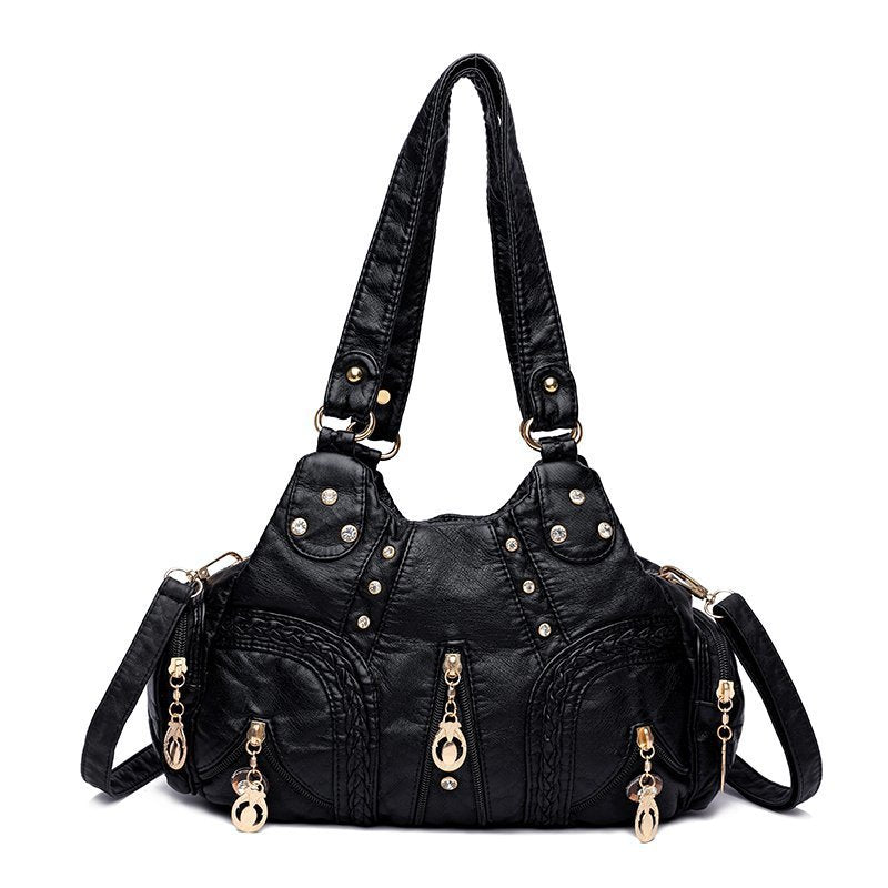 Washed Mother Bag with Rivets and Diamond Details Pi-Mart