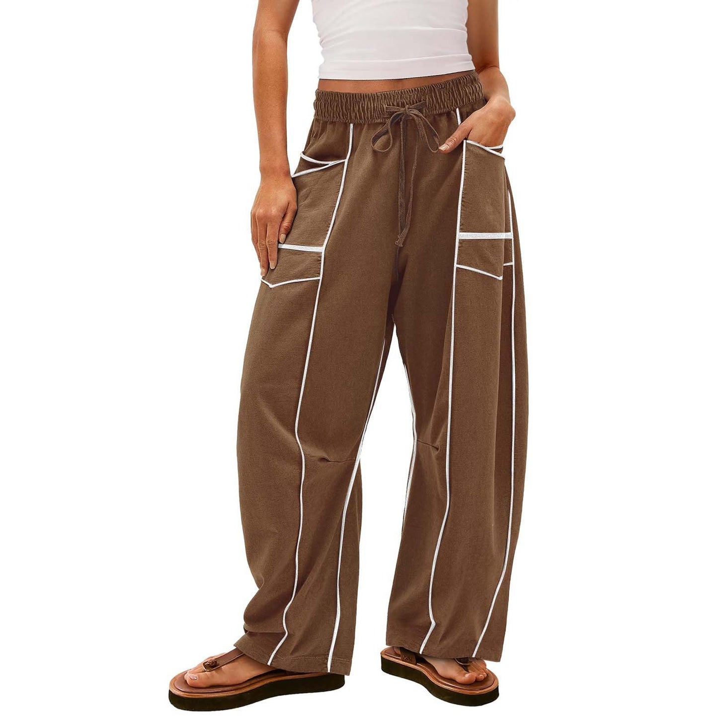Y2K Black Striped Wide-leg Pants With Pockets Fashion Loose Drawstring Trousers Sports Sweatpants Women's Clothing LadyShow.Store