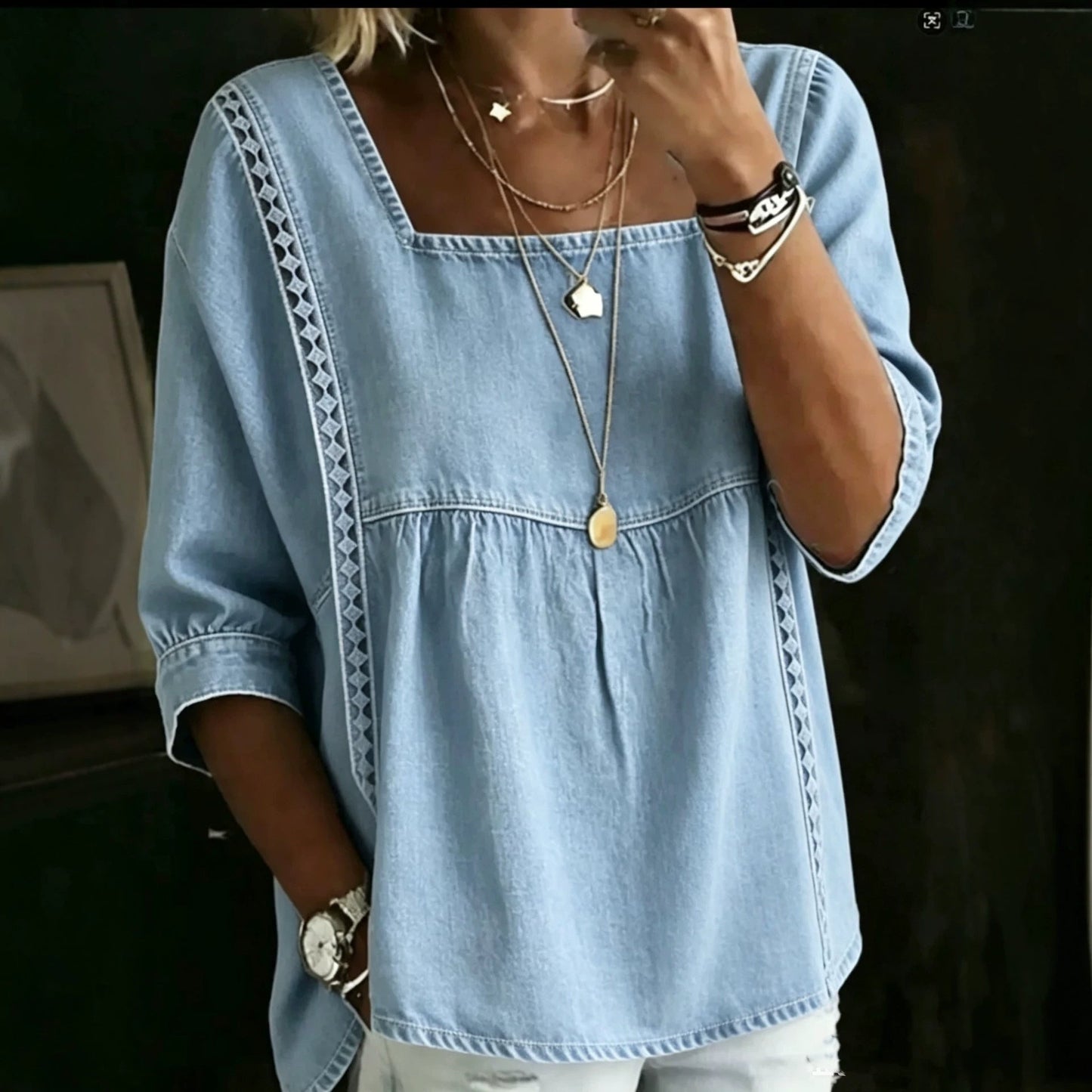 Denim And Lace Patchwork Blouse European And American Style NorixaFashion.com