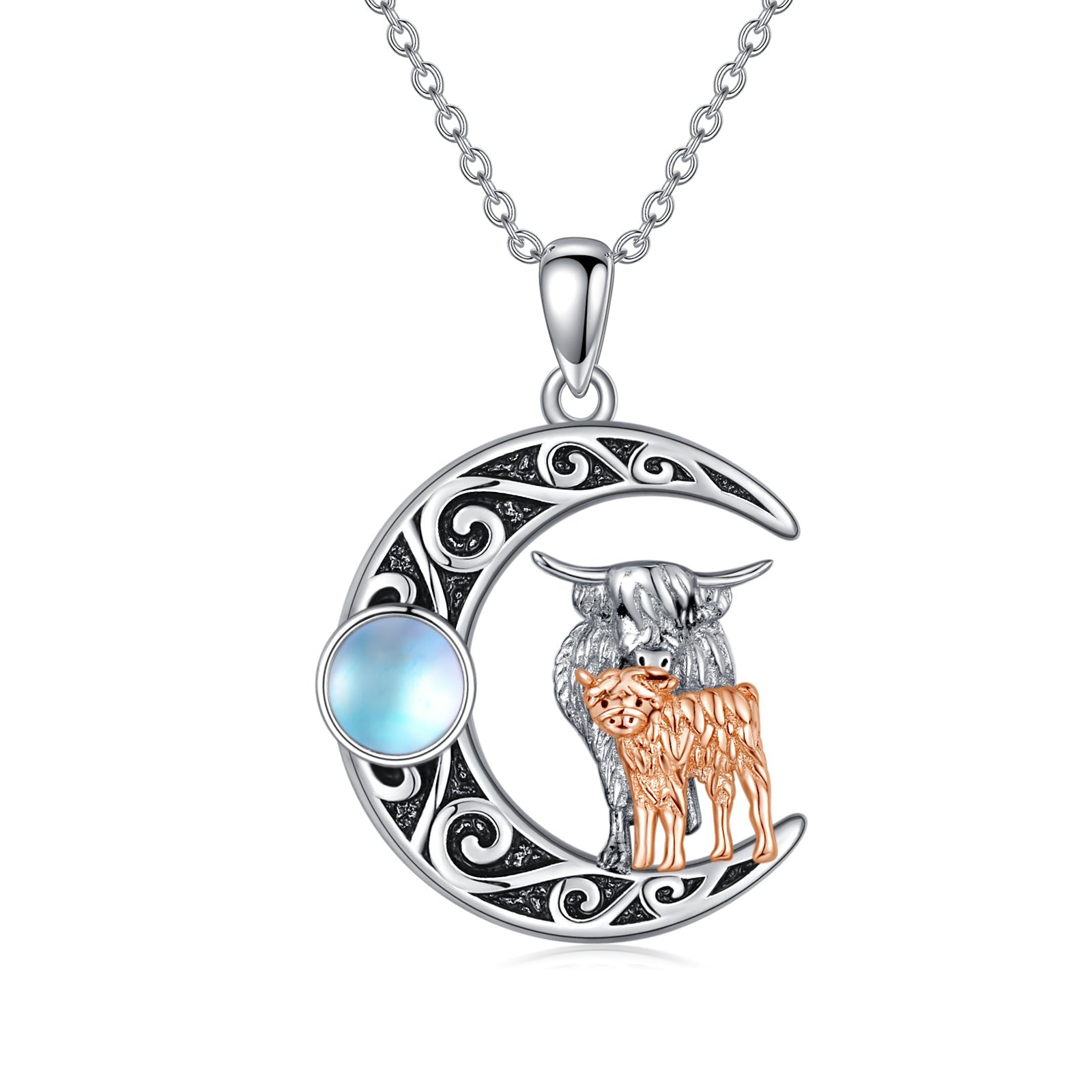 Mother Kids Highland Cow Moon 925 Sterling Silver Necklace With Moonstone LadyShow.Store