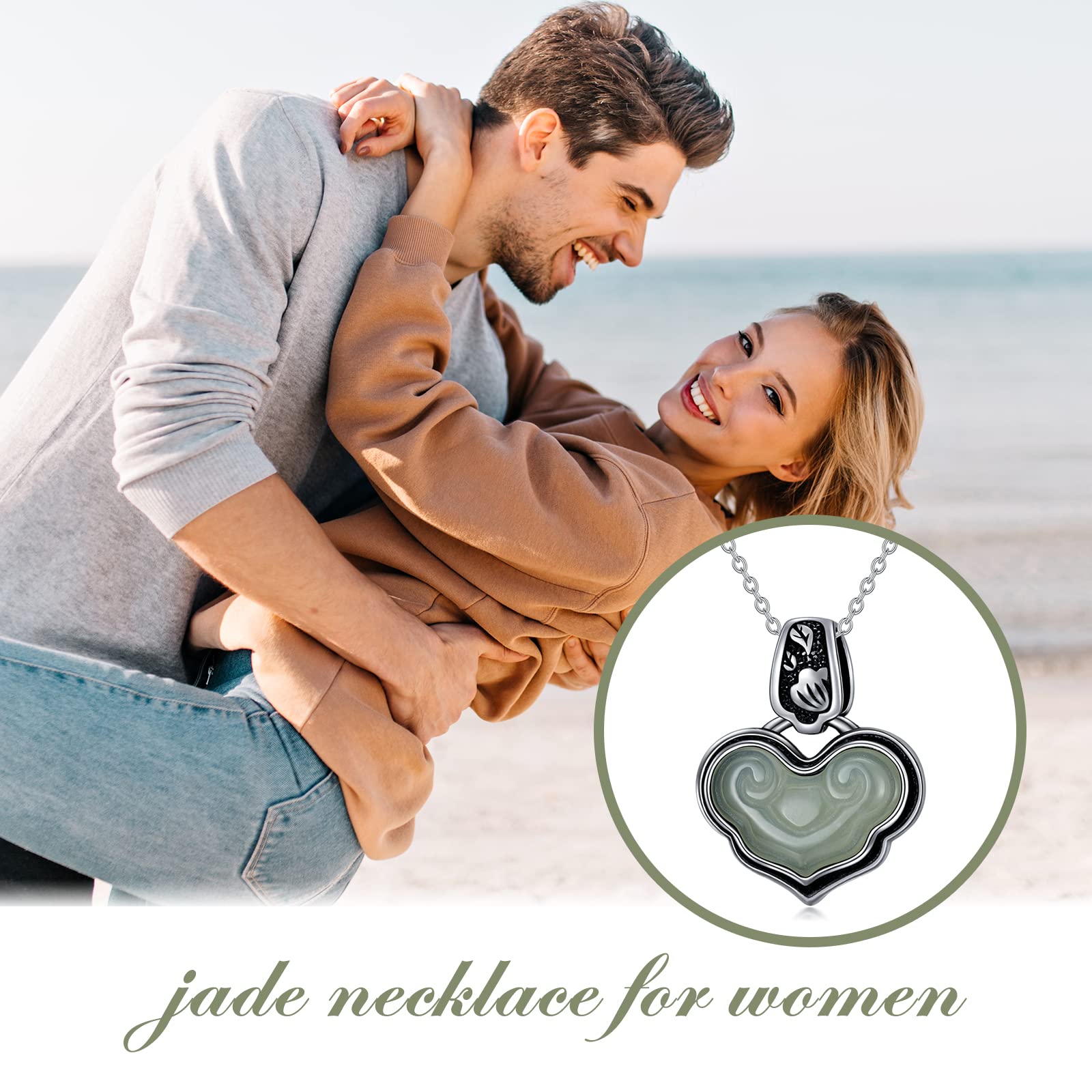 Vintage Heart Jade Pendant Necklace Sterling Silver Boho Antique Necklace Jewelry Gifts for Women Girls Wife Girlfriend Lover Her LadyShow.Store
