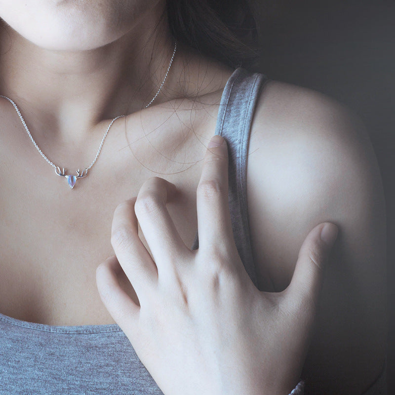 S925 Elk Necklace Forest Moonstone Pendant Clavicle Chain LadyShow.Store