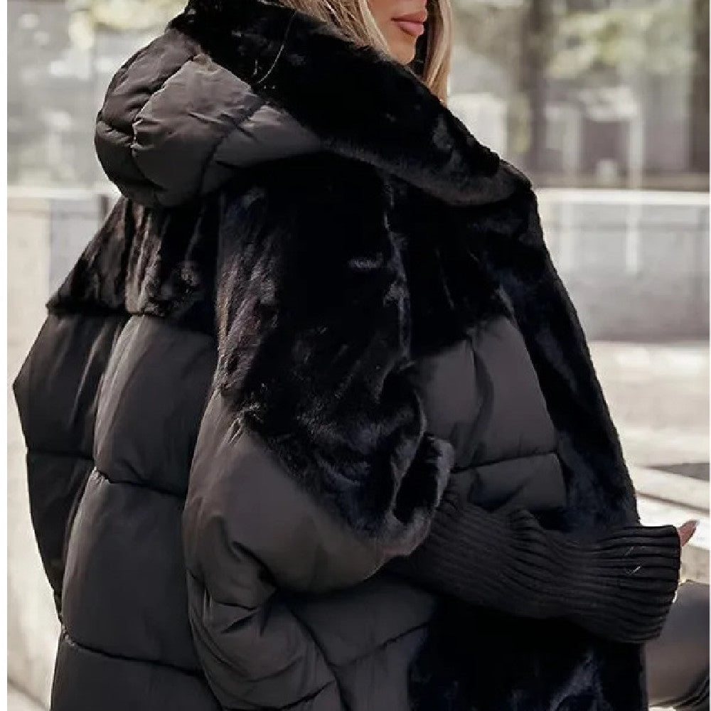Women's Loose Cotton Coat Faux Fur Patchwork Winter Coat Comfort Chic Long Sleeve Hooded Jacket LadyShow.Store