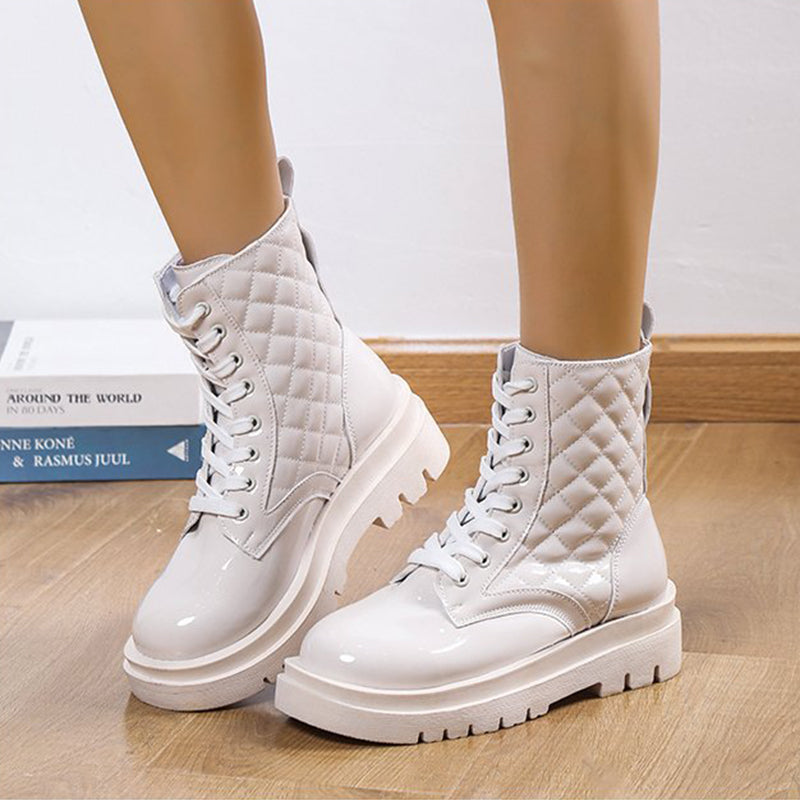 Lace-up Thick-heeled Boots Winter Casual Round Toe Platform Ankle Boots Women Fashion Quilted Pattern Minimalist Motorcycle Shoes LadyShow.Store