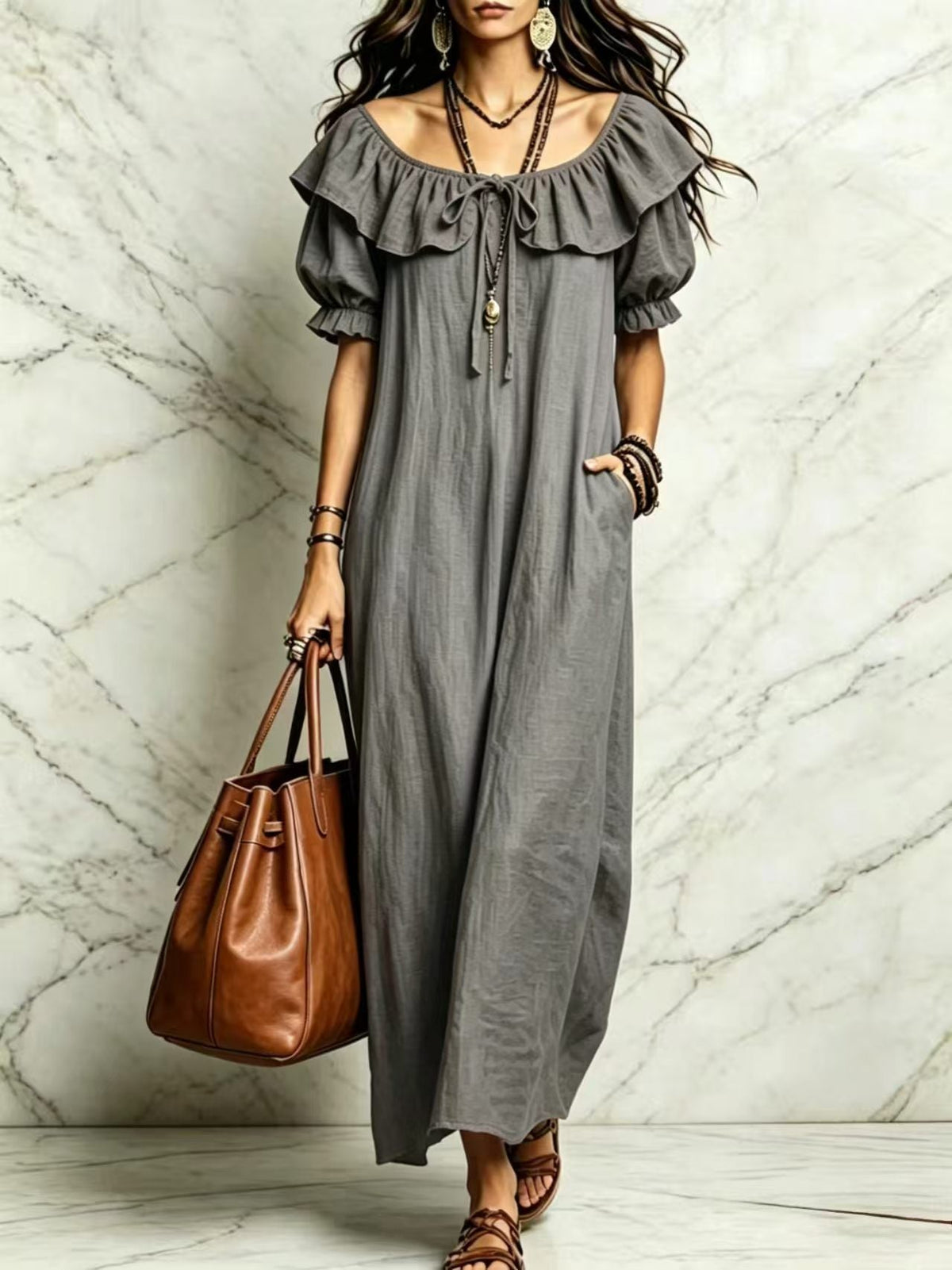 Summer 2026 Women's New Round Neck Ruffled Casual Seaside Vacation Dress From Europe And America NorixaFashion.com