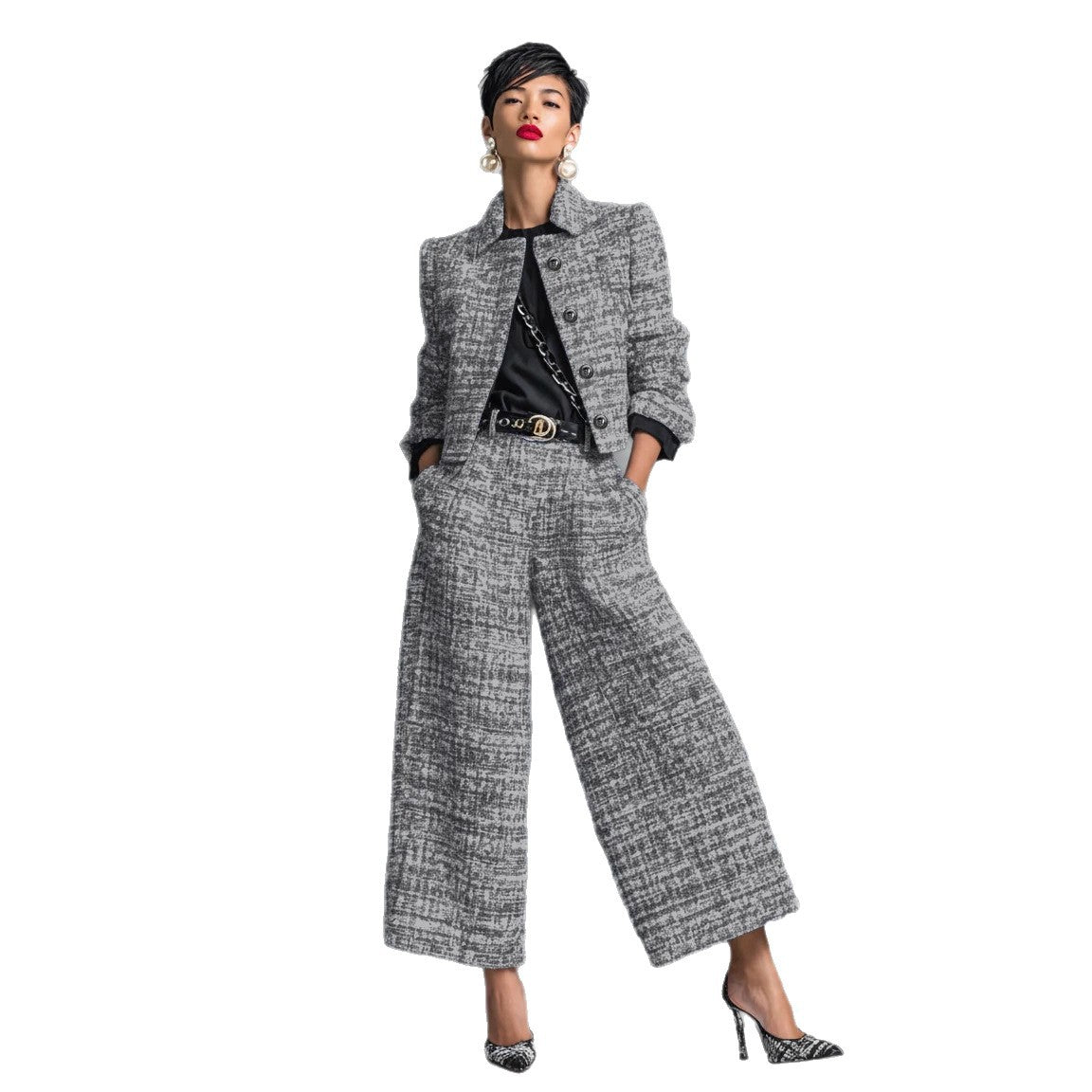 Notched Lapel Slim-fit Women's Long-sleeve Short Top With Wide-leg Pants Set NorixaFashion.com