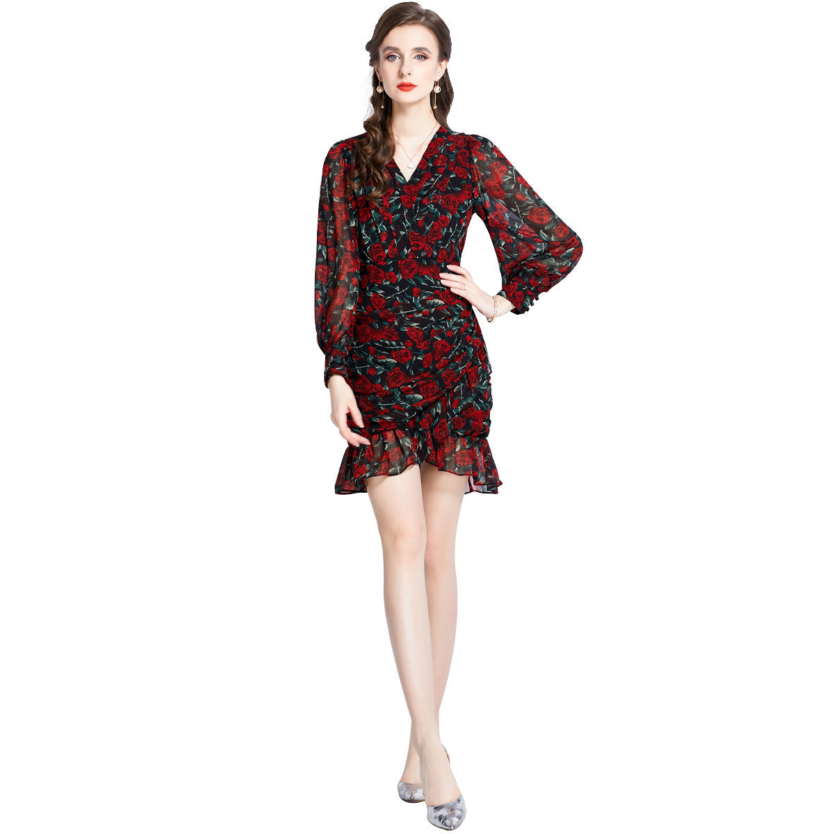 Printed Chiffon Fishtail Dress Women NorixaFashion.com