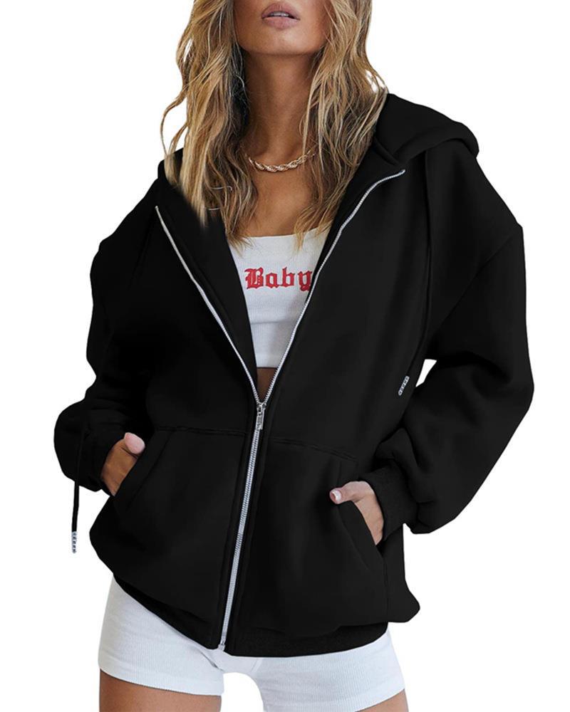 Women's Fashion Casual Solid Color Drawstring Zipper Hooded Sweatshirt LadyShow.Store