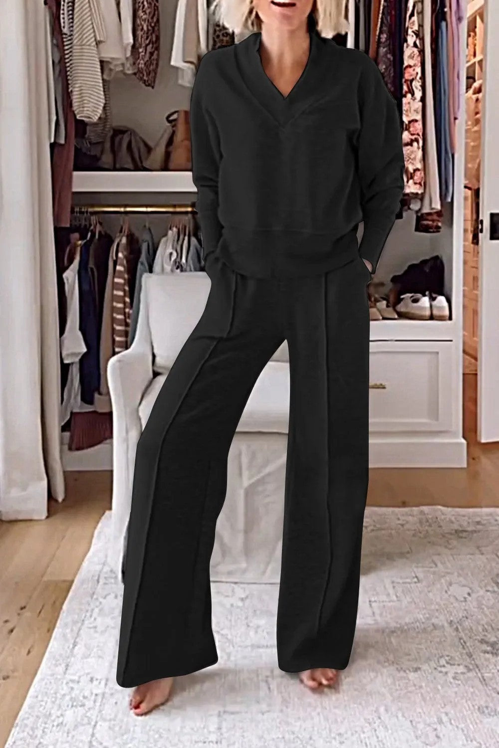 V-neck Long Sleeve Loose Top Wide Leg Pants Two-piece Set NorixaFashion.com