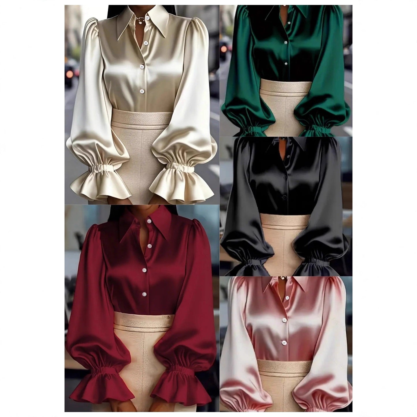 New Stylish Solid-colored Bubble Sleeve Long-sleeve Lapel Satin Shirt For Commuting LadyShow.Store