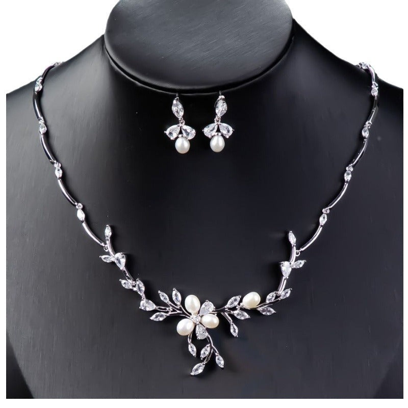 Sweet Pearl Zircon Ear Stud Necklace Jewelry Suit LadyShow.Store