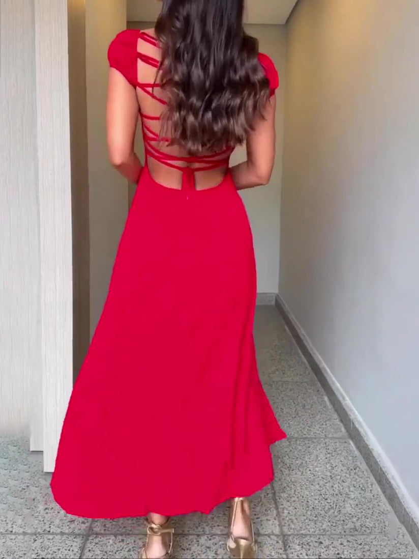 Red Slit Backless Strappy Dress NorixaFashion.com