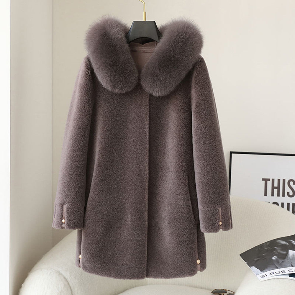 Women's Fox Fur Collar Hooded Sheep Shearling Coat Best YouTube Store