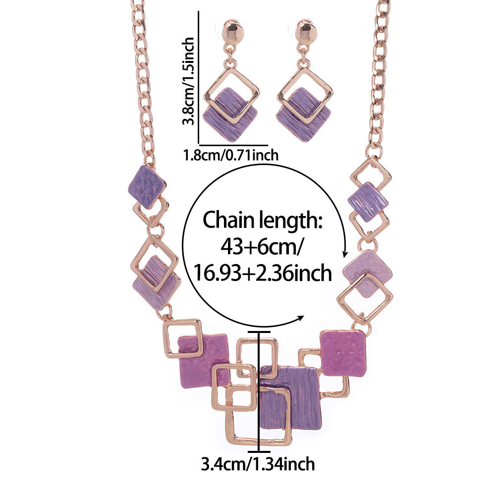Necklace And Earrings Kit Zinc Alloy Geometric Square Color Oil Necklace Hollow Female LadyShow.Store