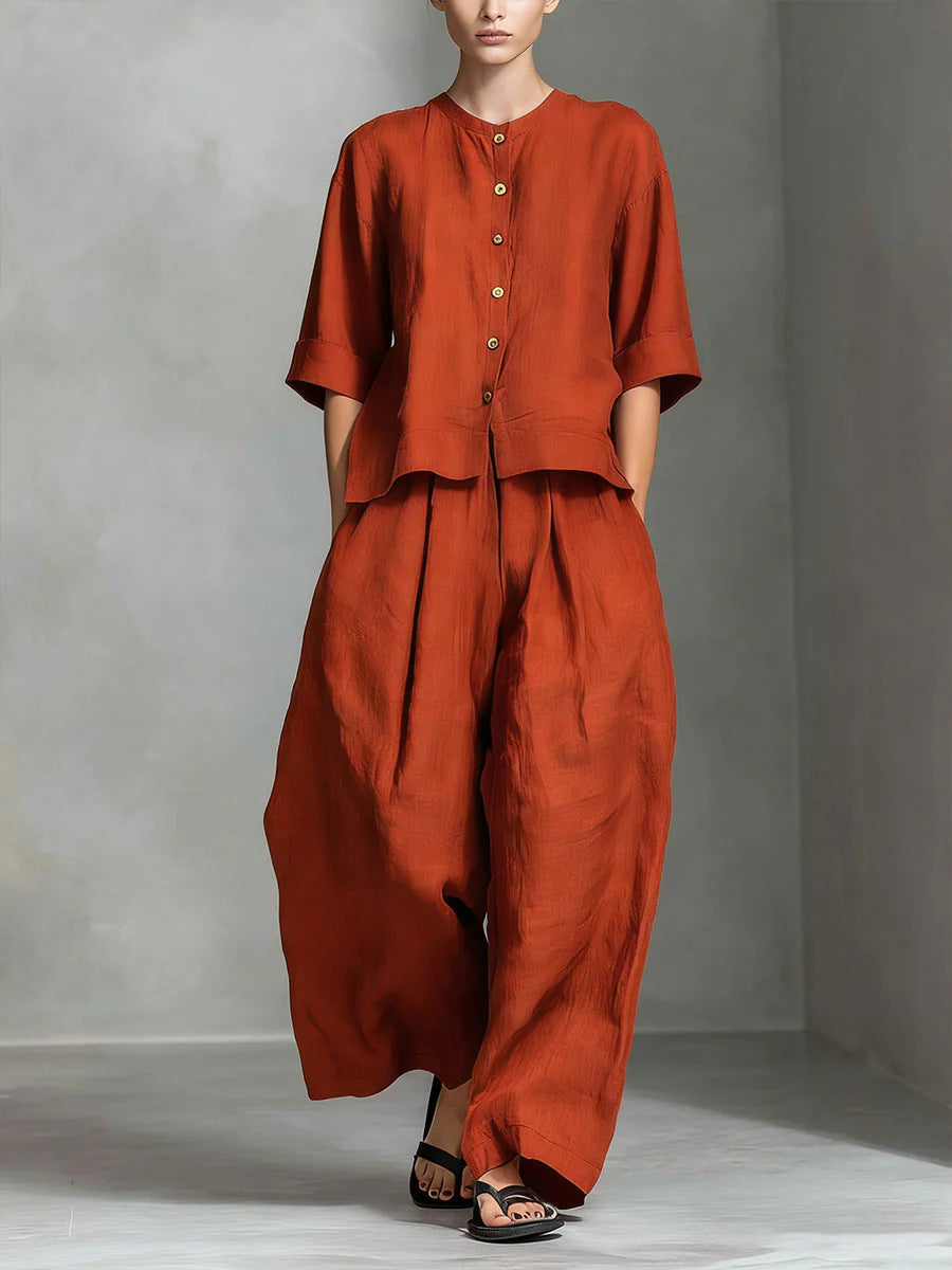 Solid-color Cotton-linen Shirt And Loose-fitting Trousers Two-piece Set NorixaFashion.com