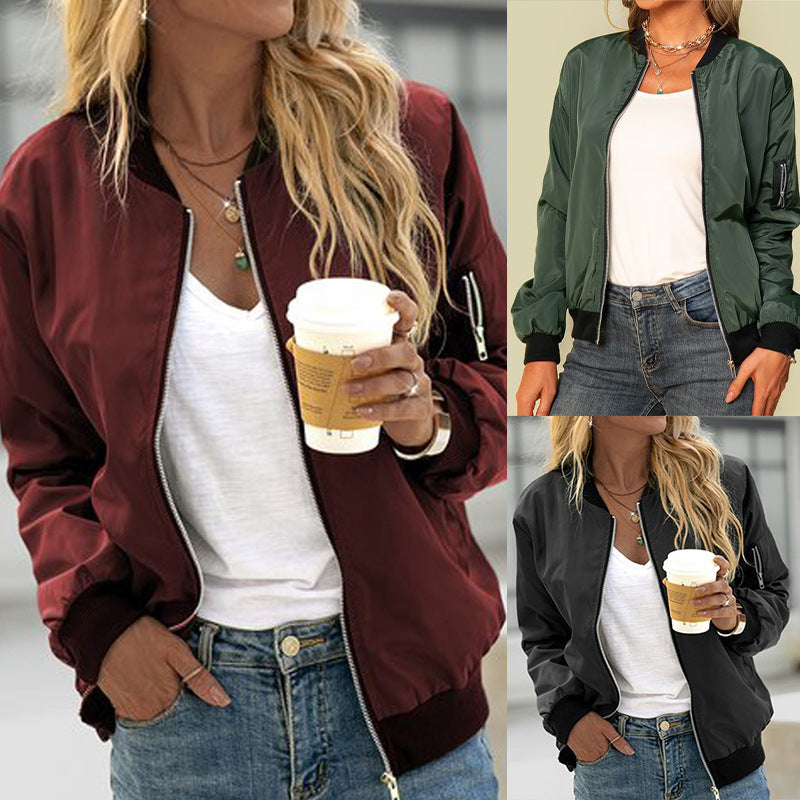 New Autumn Solid-Color Womens Fashionable Zippered Outer Jacket In European NorixaFashion.com