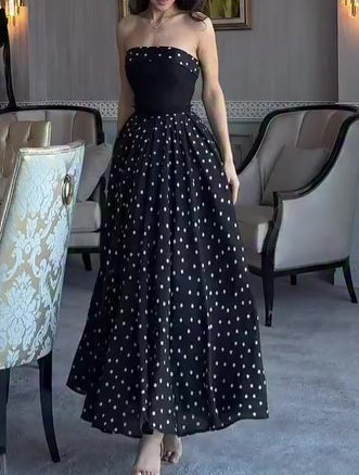 Black Strapless Polka Dot Full Skirt Maxi Dress NorixaFashion.com
