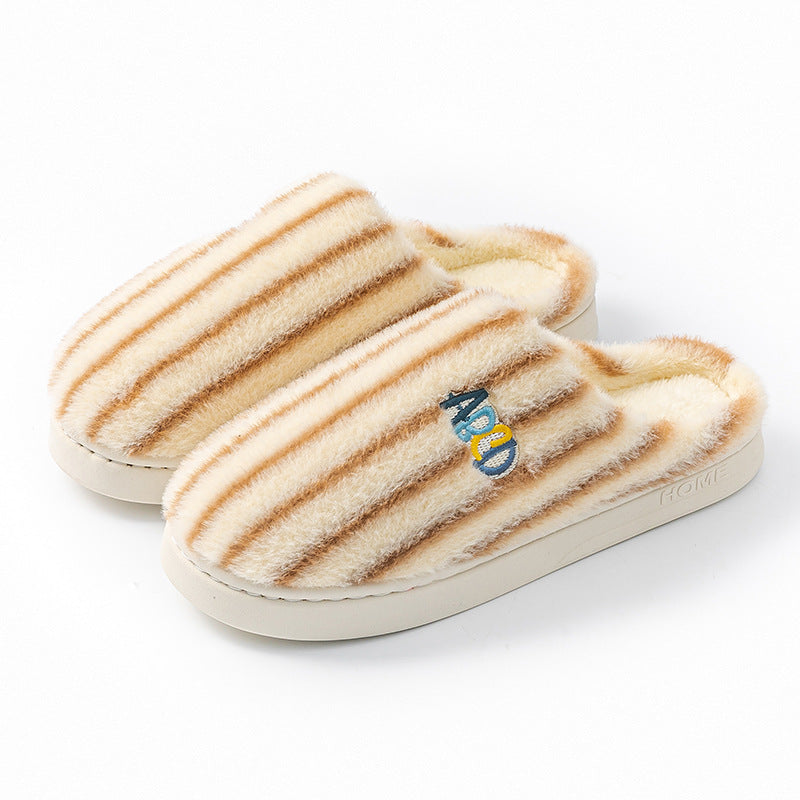 Ins Plush Striped Slippers Winter Warm Letter Embroidered Shoes Fashion Floor Bedroom Home Slipper For Women Men Couples CJD