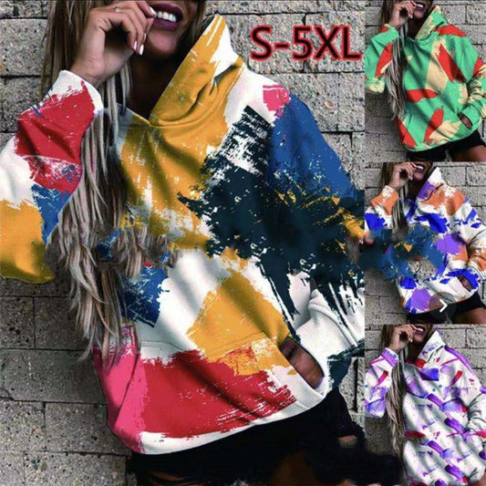 Loose Long Sleeve Pocket Print Hooded Sweatshirt