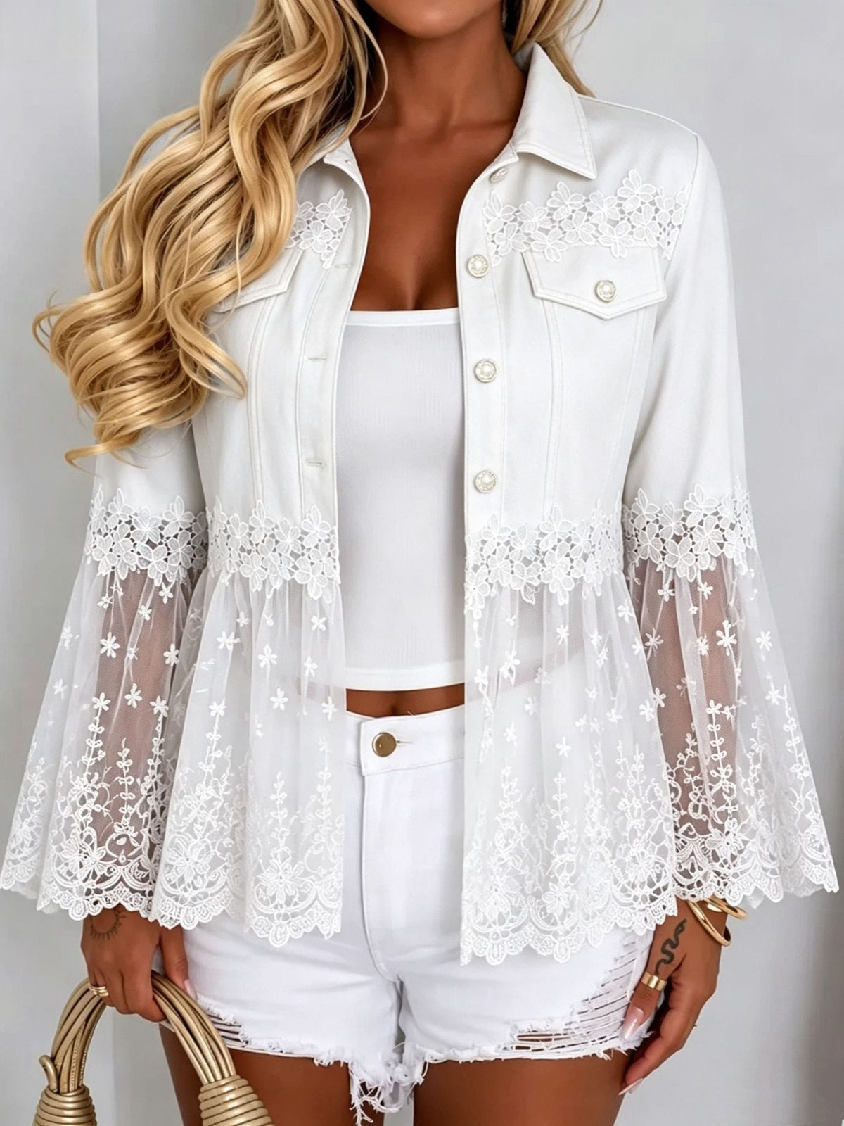 2026 Autumn Cross-Border Amazon AliExpress Temu Shein Lace Mesh Patchwork Bell Sleeve Denim Jacket NorixaFashion.com