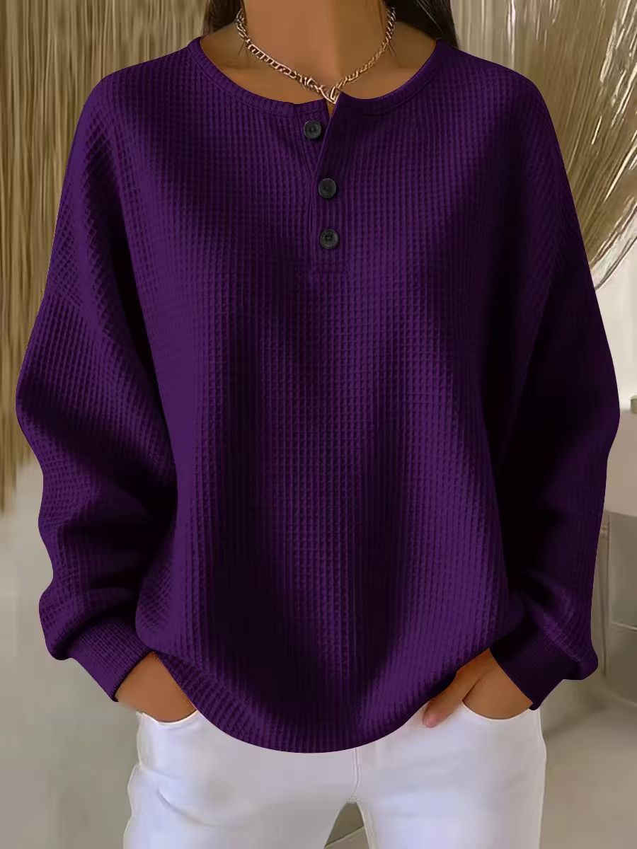 Ins Waffle Long-sleeved T-shirt Fashion Solid Color Buttons Round Neck Pullover Top Women's Clothing NorixaFashion.com