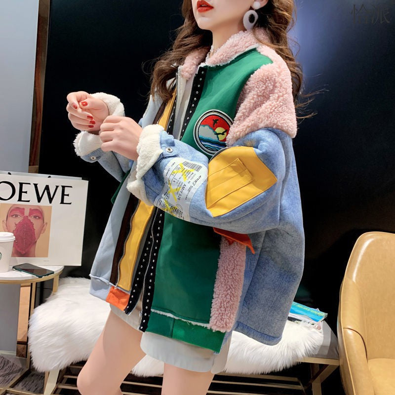 Women's Winter Loose Plus Size Lamb Wool Stitching Denim Coat Best YouTube Store