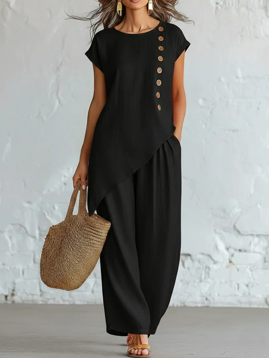 Womens Solid-Color Crew-Neck Buttoned Short-Sleeve Wide-Leg Pants Set NorixaFashion.com