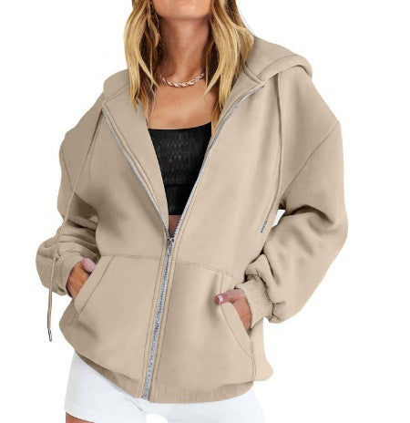 Women's Fashion Casual Solid Color Drawstring Zipper Hooded Sweatshirt LadyShow.Store