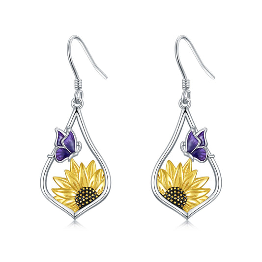 Sterling Silver Sunflower Dangle Earrings with Purple Butterfly Gift for Women LadyShow.Store