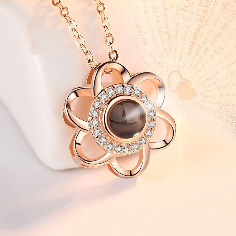 925 Sterling Silver Love Necklace, Memory In  Languages, Cherry Blossom Pendant Necklace LadyShow.Store