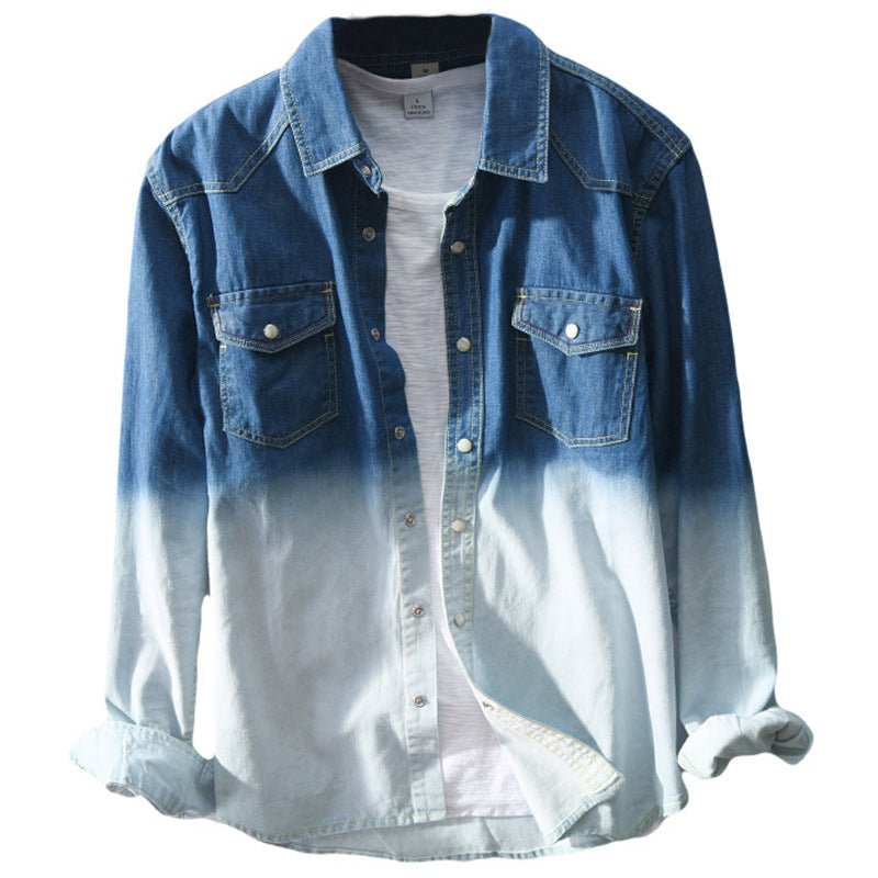 Men's Gradient Color Denim Shirt Jacket with Pockets Pi-Mart