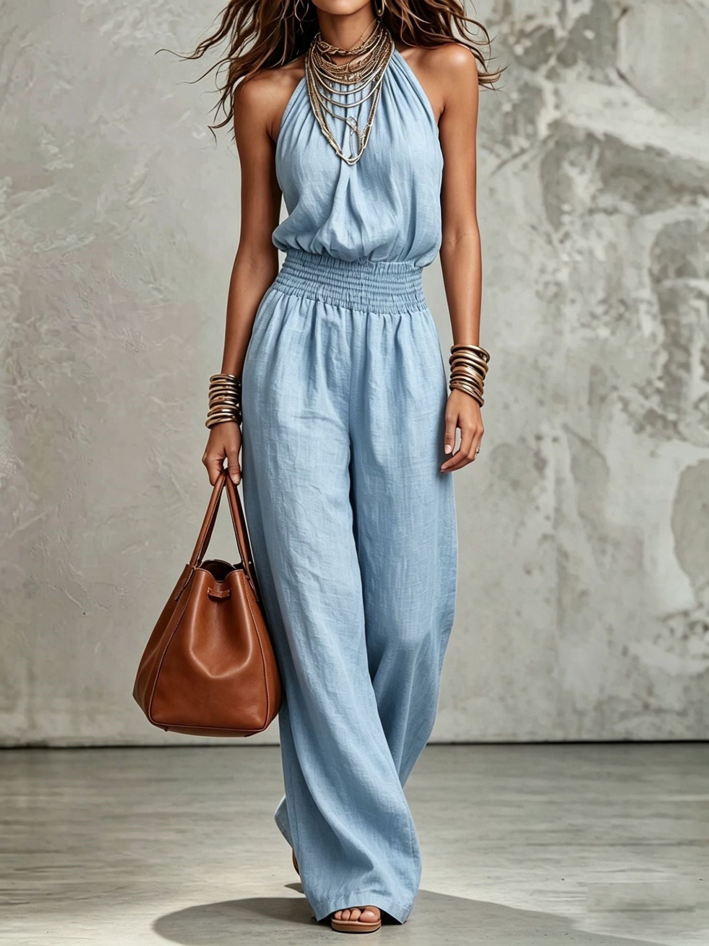 Womens Sleeveless Jumpsuit Backless Lace-up Halter Overall Pants Wide-leg Straight Onesie Trousers NorixaFashion.com