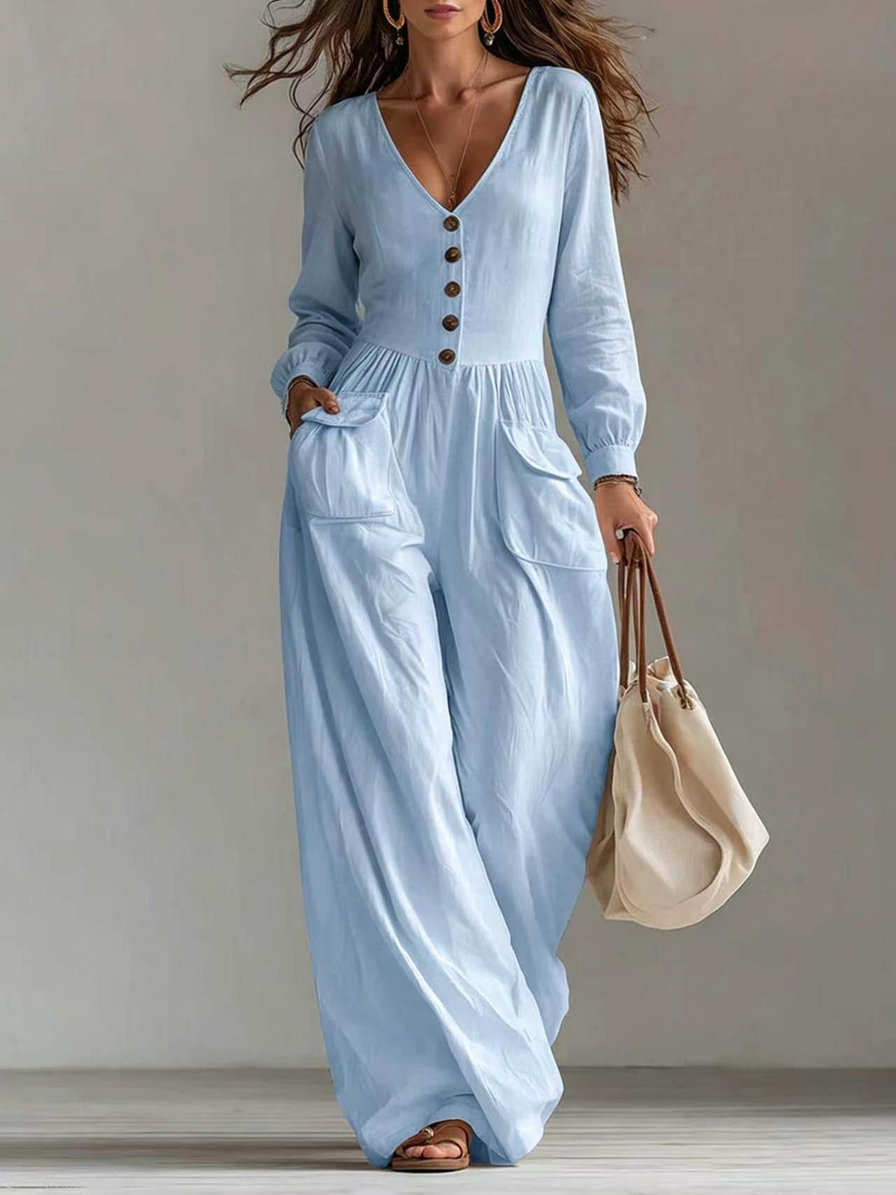 New Autumnwinter Casual Chic Womens V-neck Long-sleeve Jumpsuit With Pockets NorixaFashion.com
