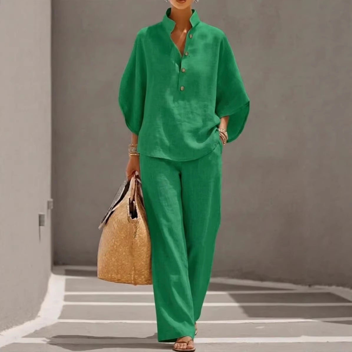 Women's Short-sleeved Suit Summer Loose Pullover Top And Straight-leg Trousers Outfit Clothing NorixaFashion.com