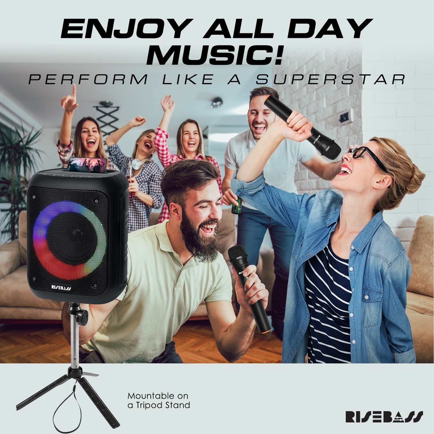 Risebass Portable Karaoke Machine with 2 Wireless Microphones - Bluetooth Rechargeable Speaker with USB/SD/TF Card Support, AUX-in, Tripod Screw Mount and Phone Slot. LuxuryLifeWay Online Store