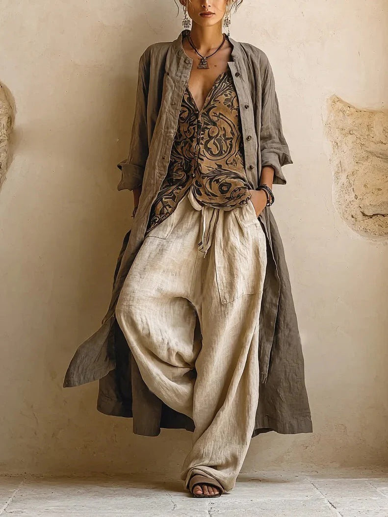 Womens Simple Loose-Fit Printed Shirt And Wide-Leg Pants 3-Piece Set NorixaFashion.com