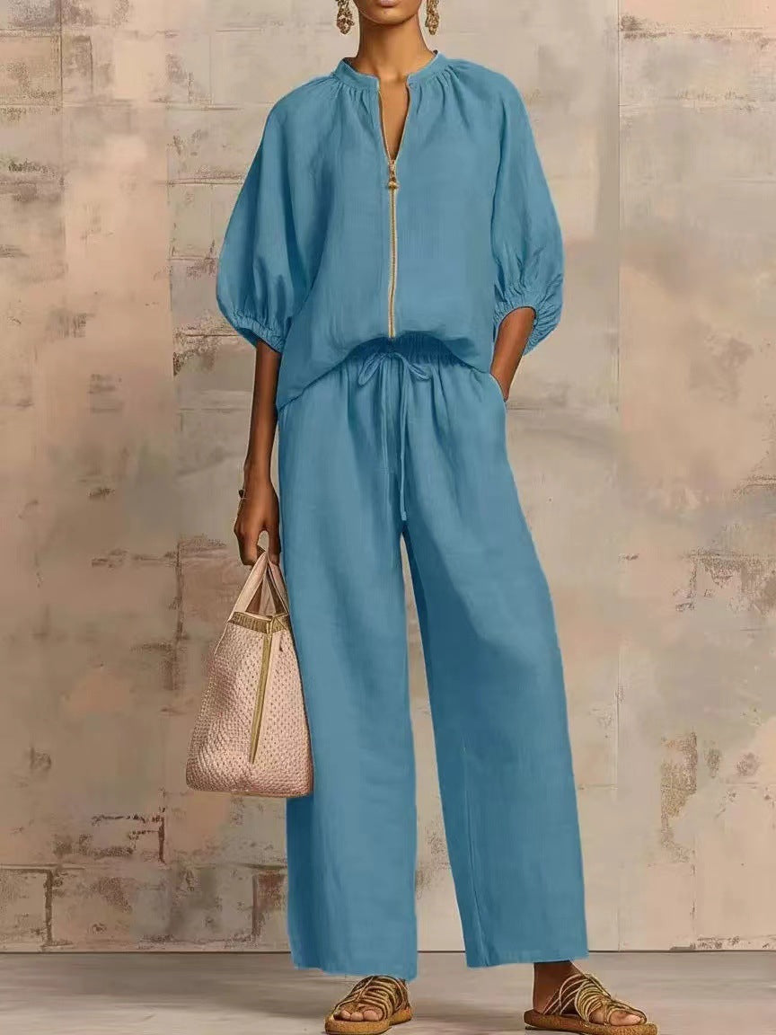 Solid-color Casual Loose-fitting Zip-up Sweatshirt And Straight-leg Pants Set NorixaFashion.com