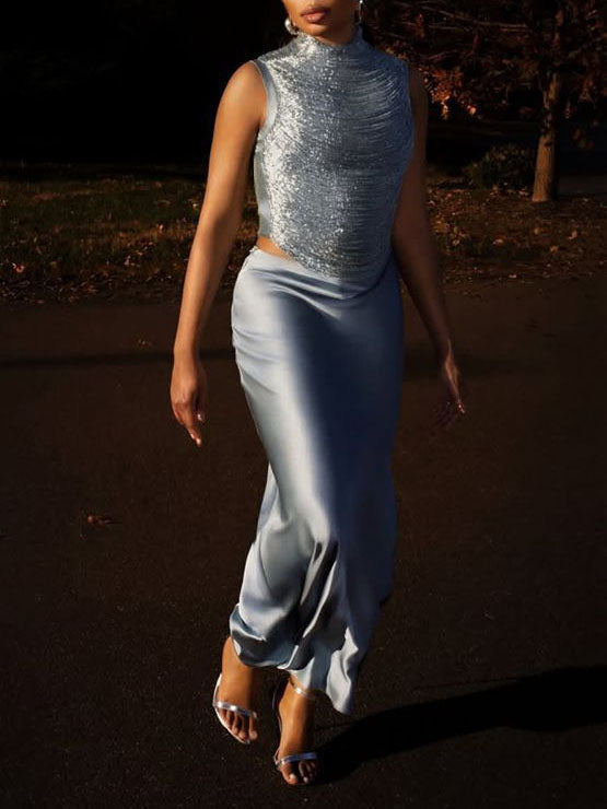 Elegant Sleeveless Tassel-trimmed Zippered Satin Fishtail Maxi Dress Set NorixaFashion.com